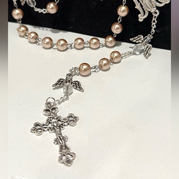 Handmade Pink Beige Pearl Rosary with Angel Mysteries - Picture 3 of 3